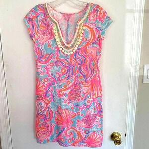 Lilly Pulitzer Pink V-Neck Pom Pom Too Much Bubbly Cotton Harper Shift Dress